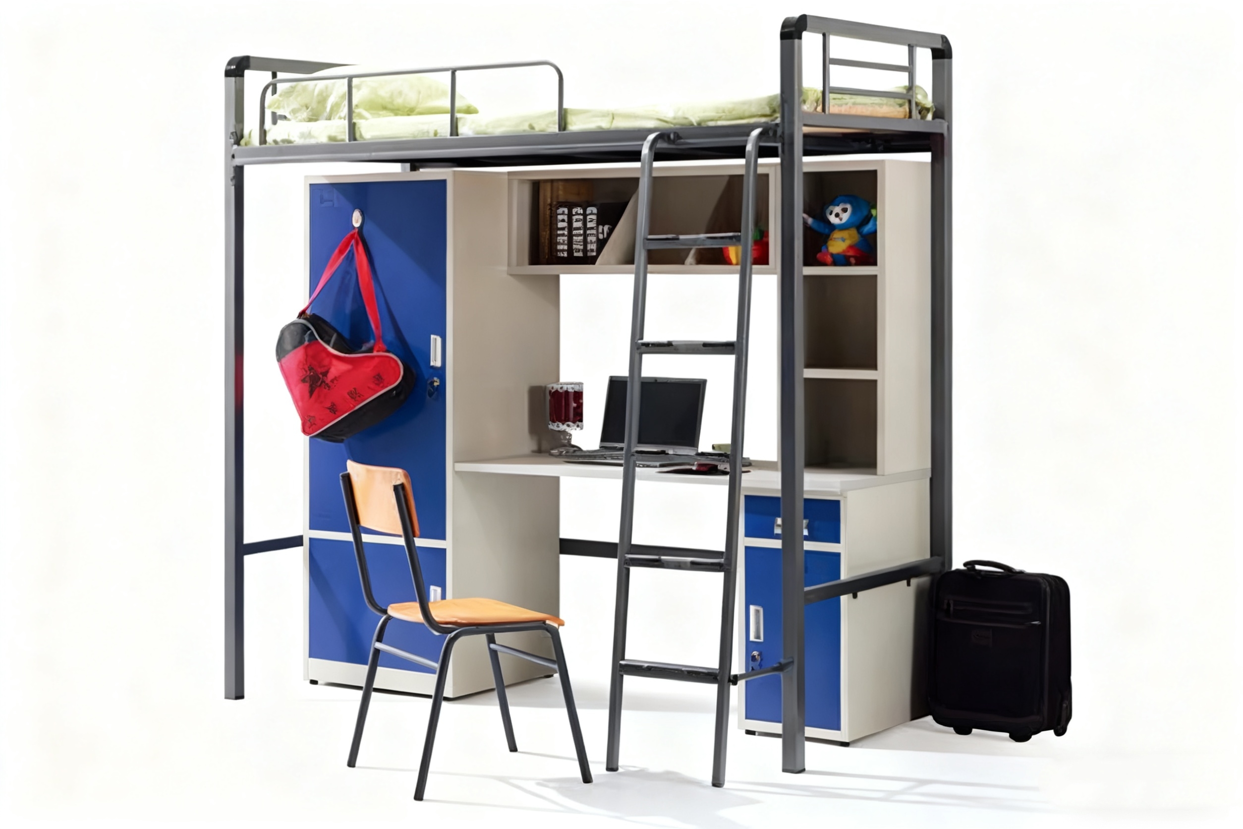 Metal Bunk Bed Set with Desk and Cabinet for School